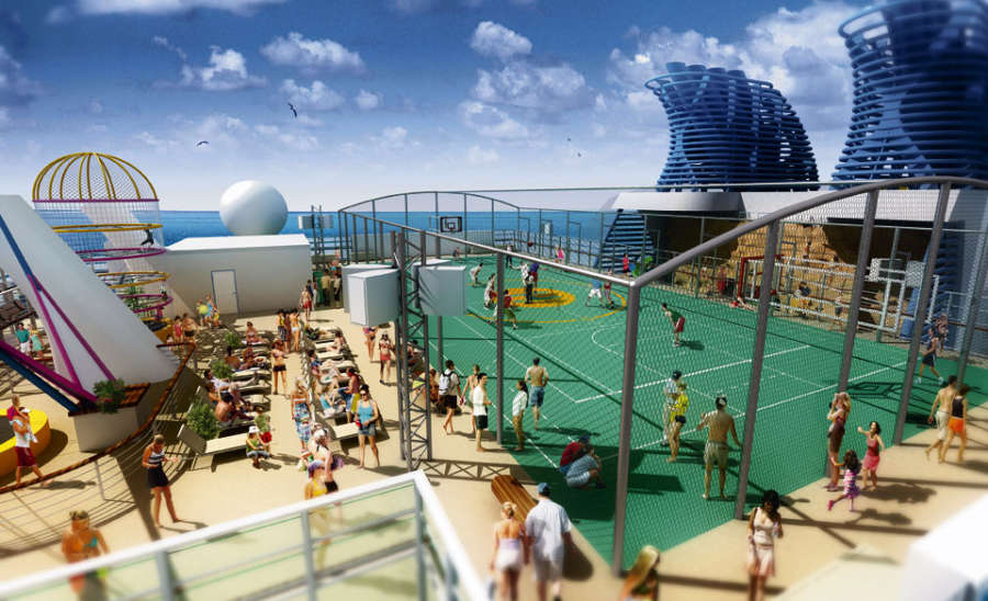 Guests engaging in various sports activities on the Sports Deck of the NCL Epic cruise ship, with a view of the ocean in the background.