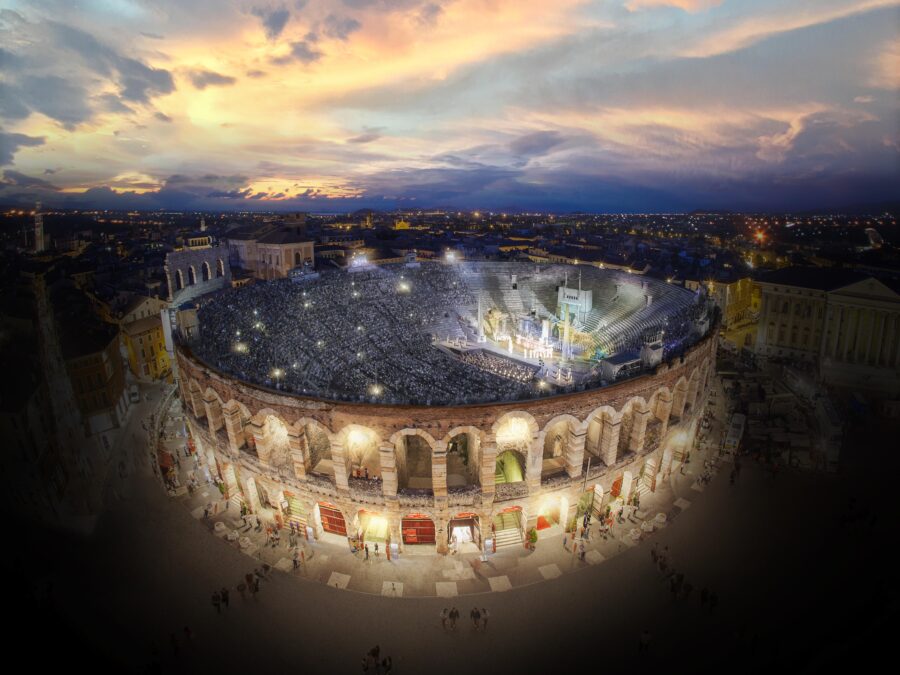 Arena di Verona Opera Festival. Amphitheatre with audience at dusk. Travel Escapes