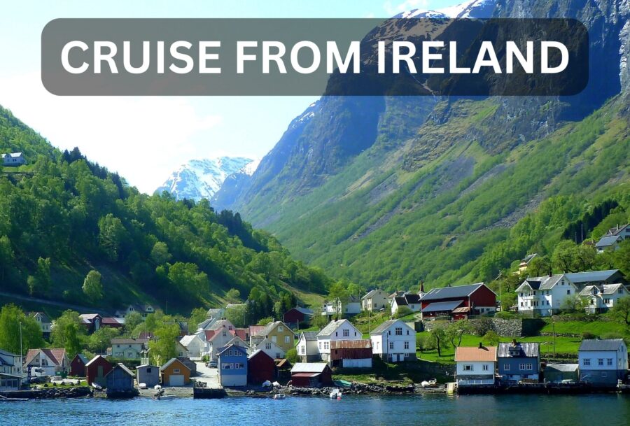 Cruise from Ireland Flan in Norway showing water village and Fjord