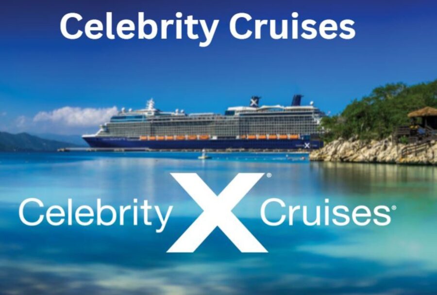 Celebrity Ship in beautiful blue water. Image shows Celebrity logo in white writing