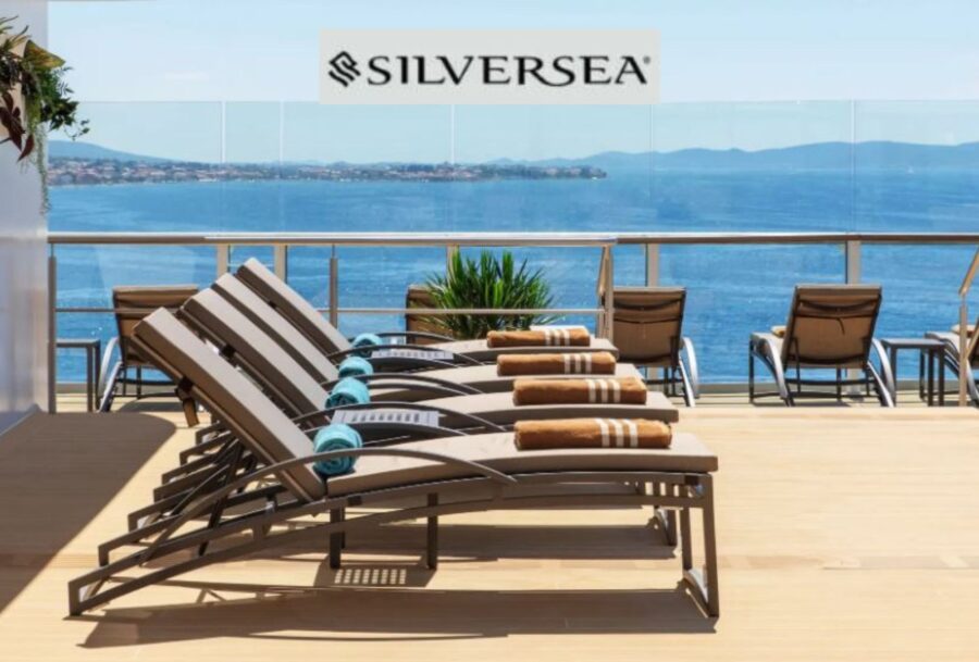 Silversea showing pool deck with sunloungers with ocan in the background. Silver Nova Pool Deck