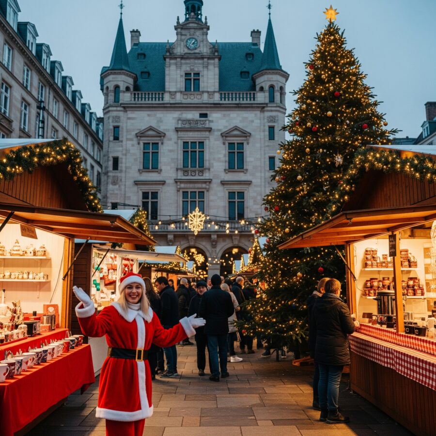 A bustling Christmas market scene with a prominent building in the background, craft and food stalls, a mulled wine stall, a Christmas tree with off-white lights, and a person dressed as a Santa's helper.