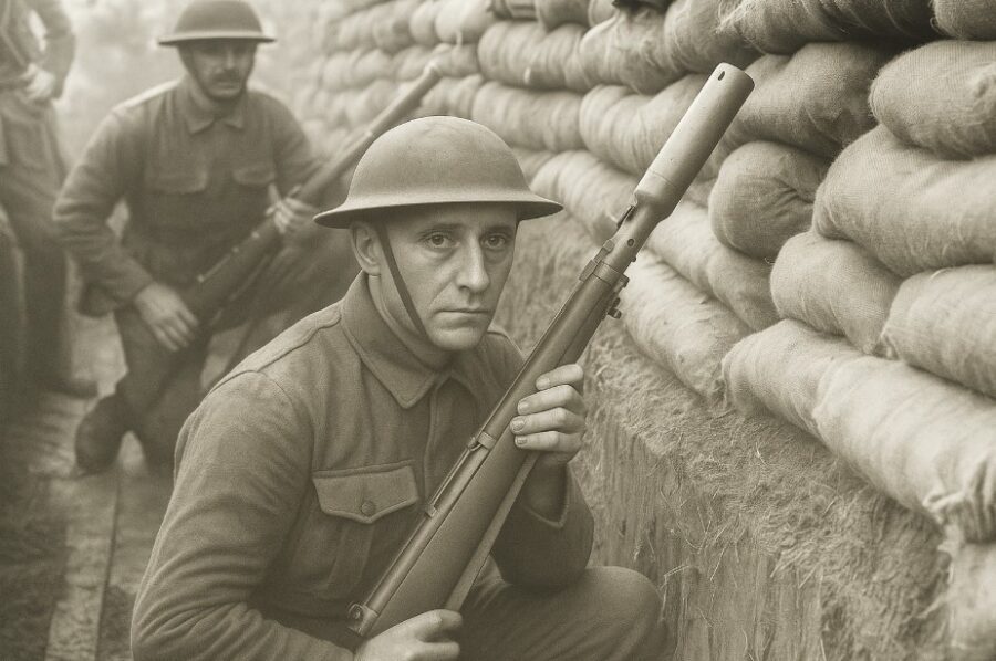 A close-up, historic-style photo of a WW1 British soldier with his rifle in a trench.
