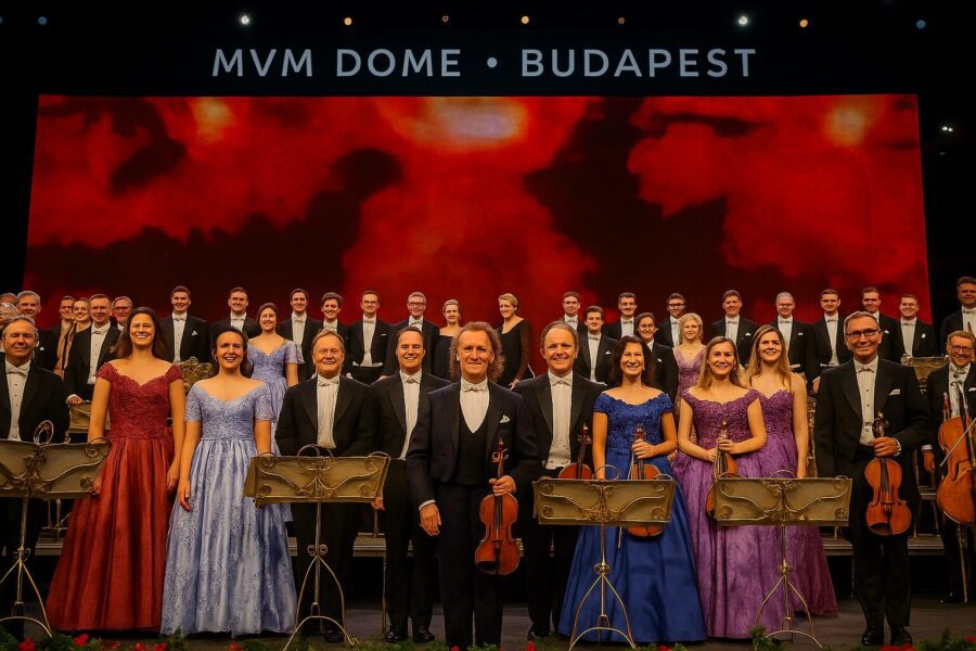 Live in Budapest – on stage at the MVM Dome in Budapest, surrounded by elegantly dressed musicians.