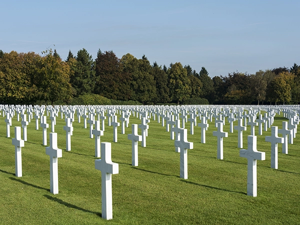 Endless rows of white crosses at the meticulously kept Henri-Chapelle American Cemetery and Memorial.