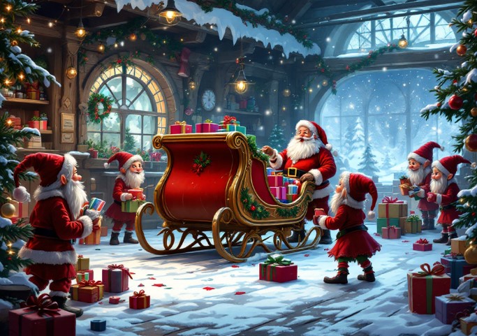 Santa Claus and elves loading festive presents onto the sleigh in a snowy winter wonderland setting.