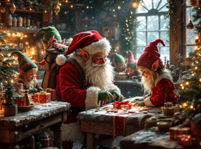 Close-up of Father Christmas giving a helping hand to his elves with festive preparations.