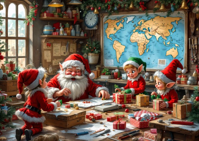 Santa Claus and his helper elves planning their Christmas Eve journey on a large world map.