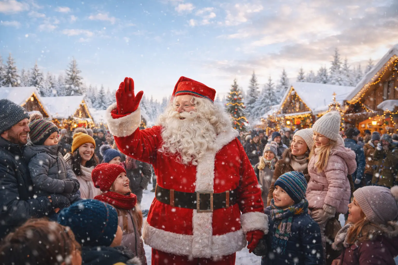 A wide 16:9 winter landscape showing Santa Claus surrounded by families and children in a snowy festive village, with soft natural daylight, snow-covered wooden chalets, evergreen trees, and a clear blue sky above, capturing a lively Christmas atmosphere with parents and kids gathered around Santa in the central band of the frame.