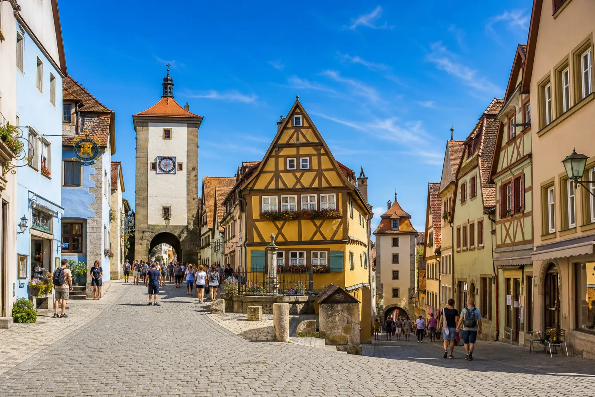 Germany-A bustling street in Rothenburg ob der Tauber on a Bavaria Romantic Road tour.
