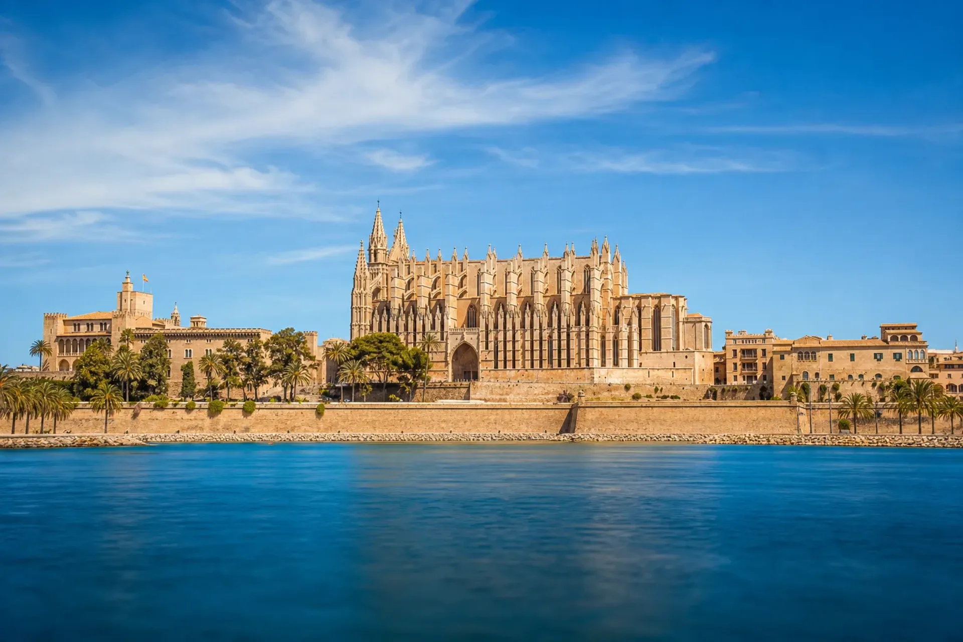 Western Mediterranean-The Gothic Cathedral of Santa Maria in Palma during a sunny Cannes Rome Majorca cruise stop.