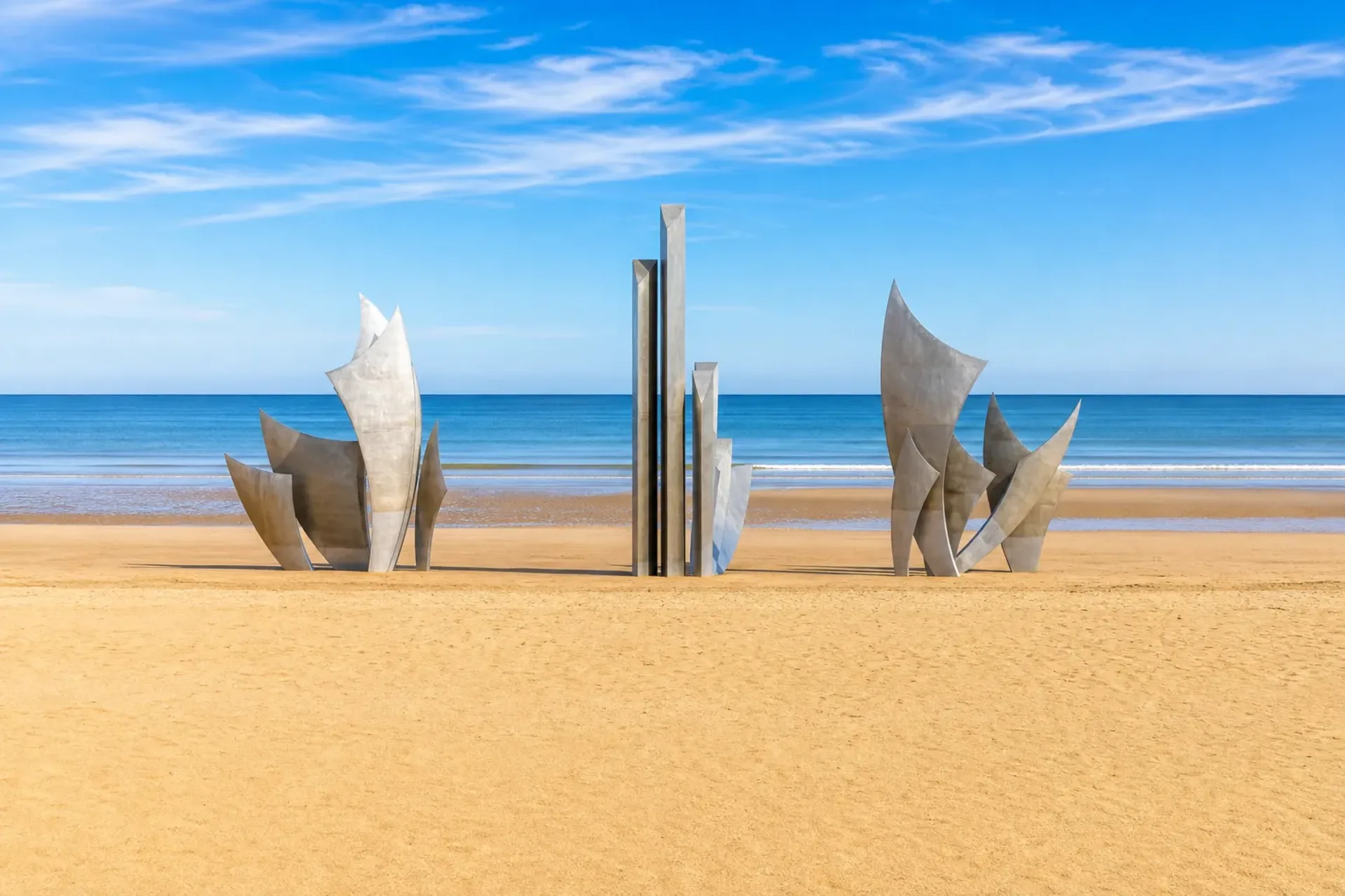 France-The Les Braves memorial sculpture on the sands of the D-Day landing beaches in Normandy, France.