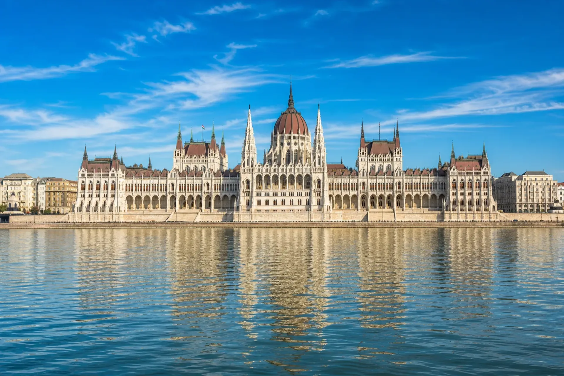 Central Europe-The grand Hungarian Parliament building reflecting on the river during a Danube Dreams tour.
