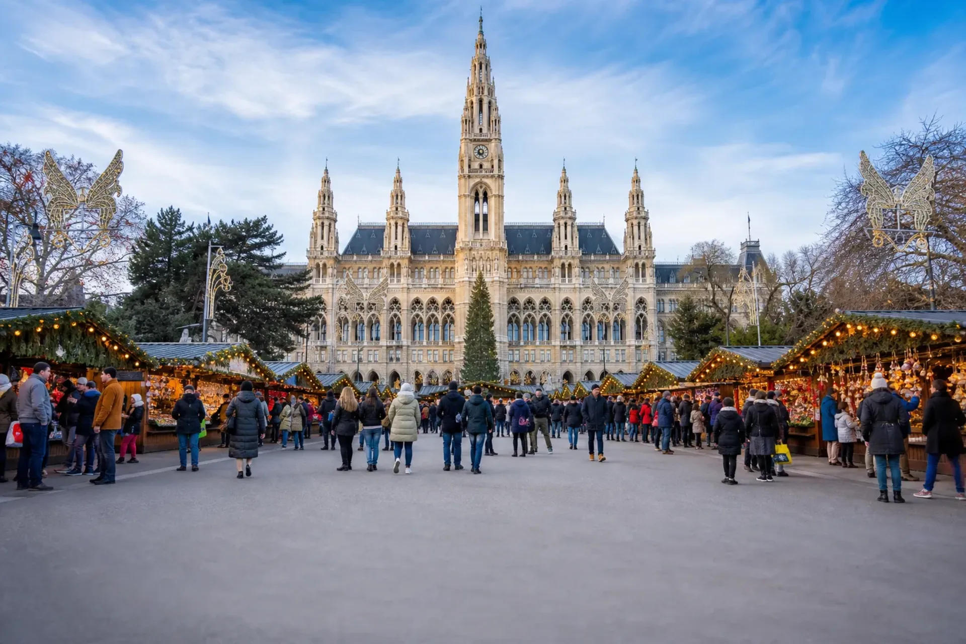 Hungary-A bustling festive market in front of the Vienna Rathaus during the Danube Yuletide Markets river cruise.