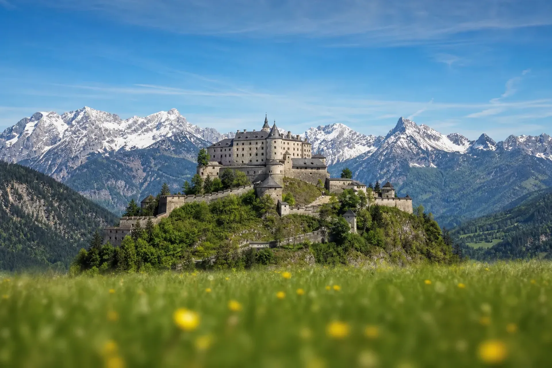 Austria-A panoramic view of Hohenwerfen Castle in the Austrian Alps on a Grossglockner Salzburg tour.
