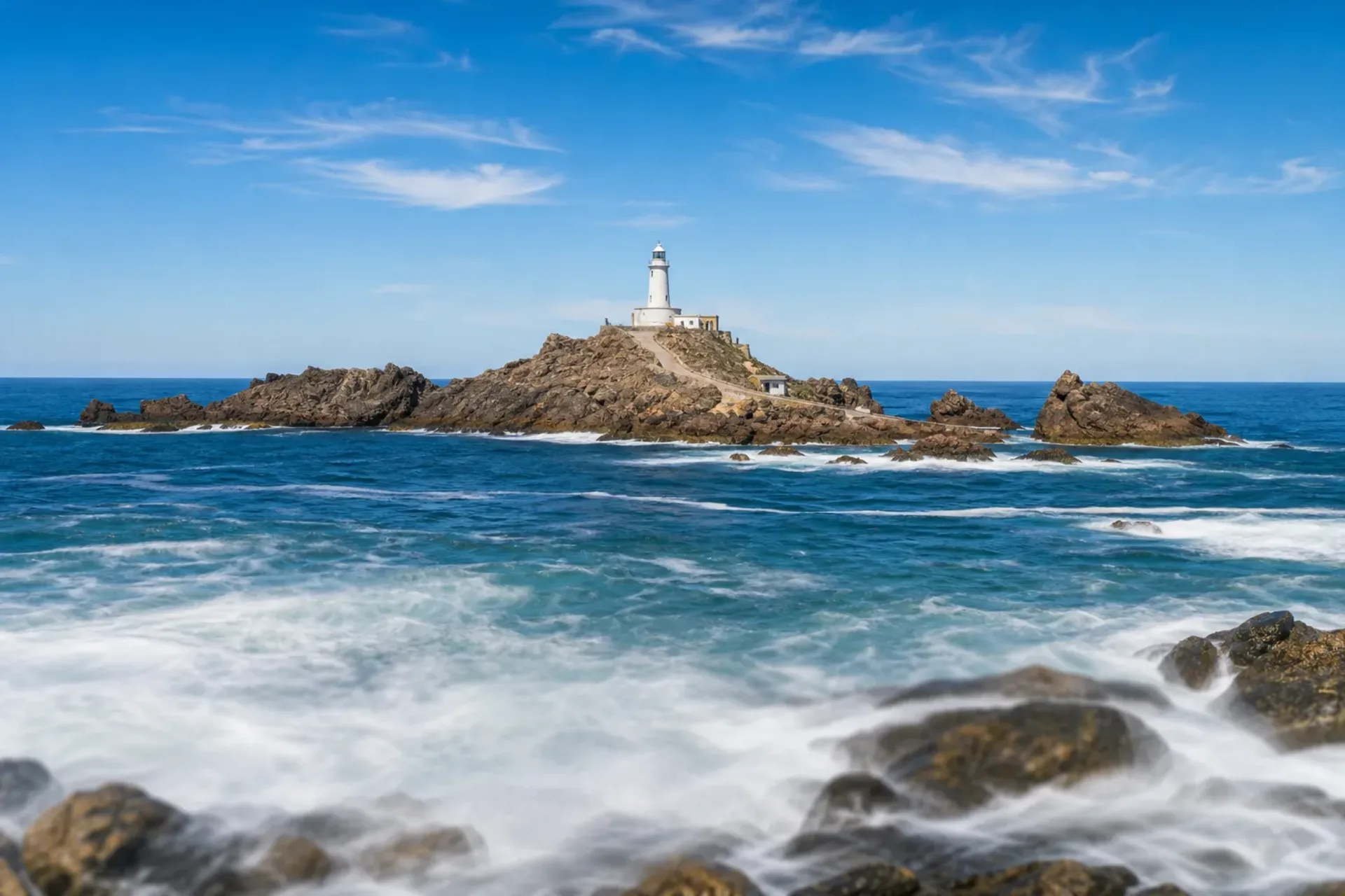 Jersey-The white Corbière Lighthouse on the rugged rocks during a Jersey coastal tour.