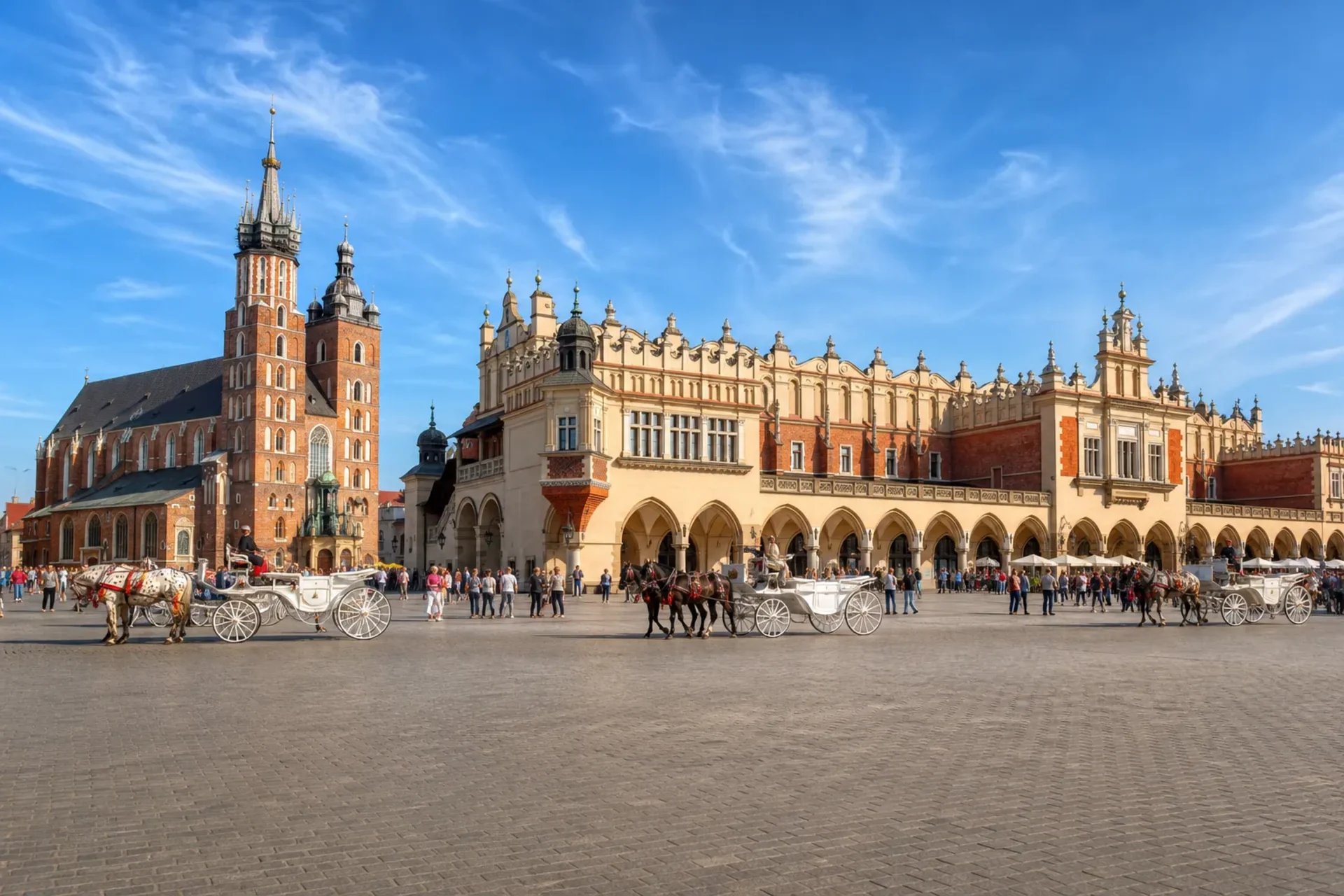 Poland-A bustling view of the Main Market Square during a Krakow Auschwitz tour in Poland.