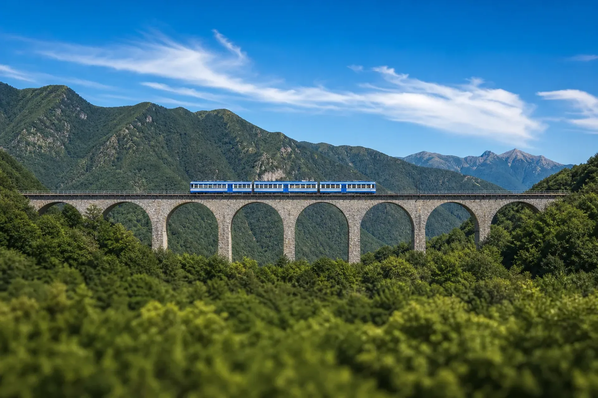 Italy-A scenic view of a train crossing a viaduct on the Lake Maggiore Centovalli Railway.