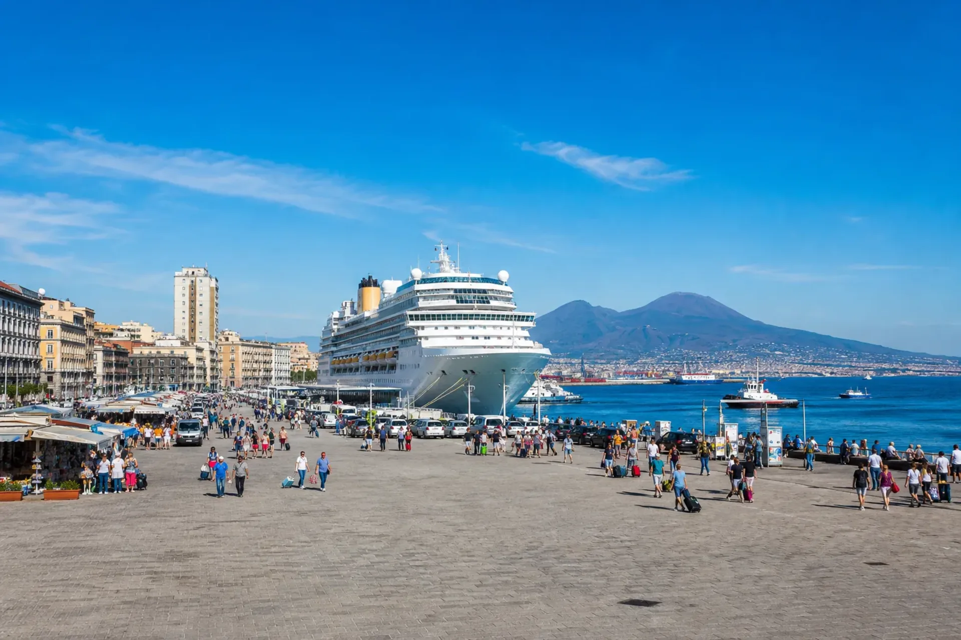 Mediterranean-A panoramic view of the Naples coastline with Mount Vesuvius in the background during an MSC Virtuosa Tunisia Sicily cruise.