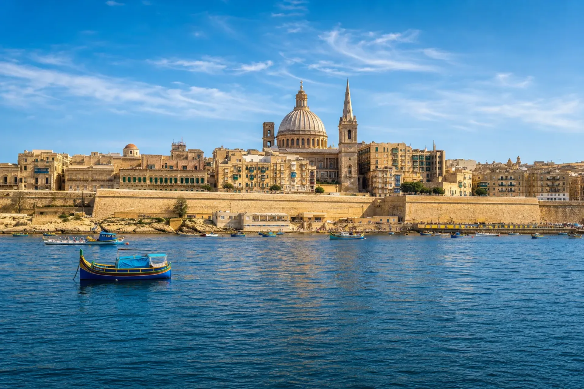 Western Mediterranean-Sunny panoramic view of the historic Valletta harbour in Malta during an MSC World Asia Western Med cruise.