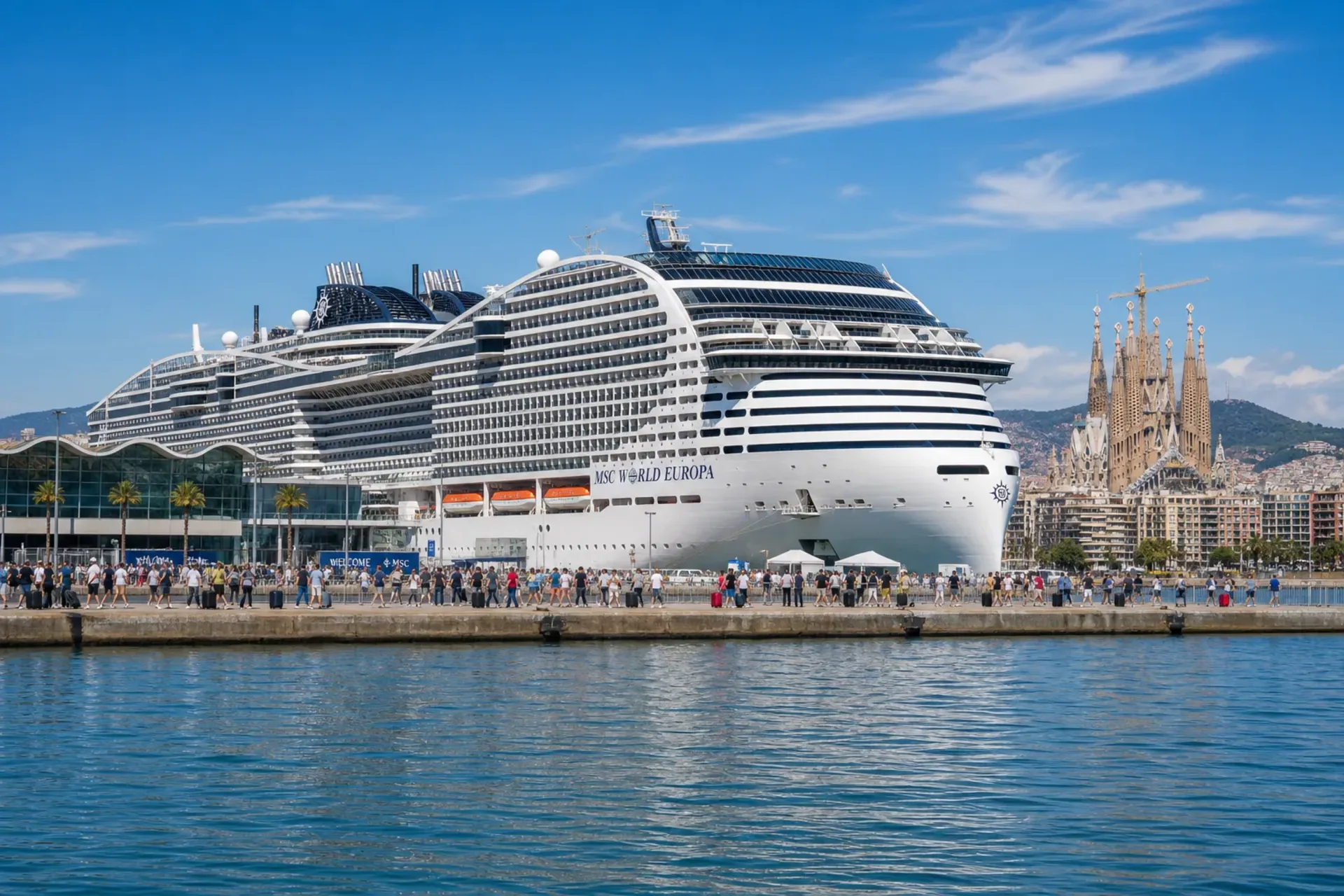 Western Mediterranean-The 4-star MSC World Europa Western Med cruise ship docked in sunny Barcelona with the Sagrada Familia in the background.