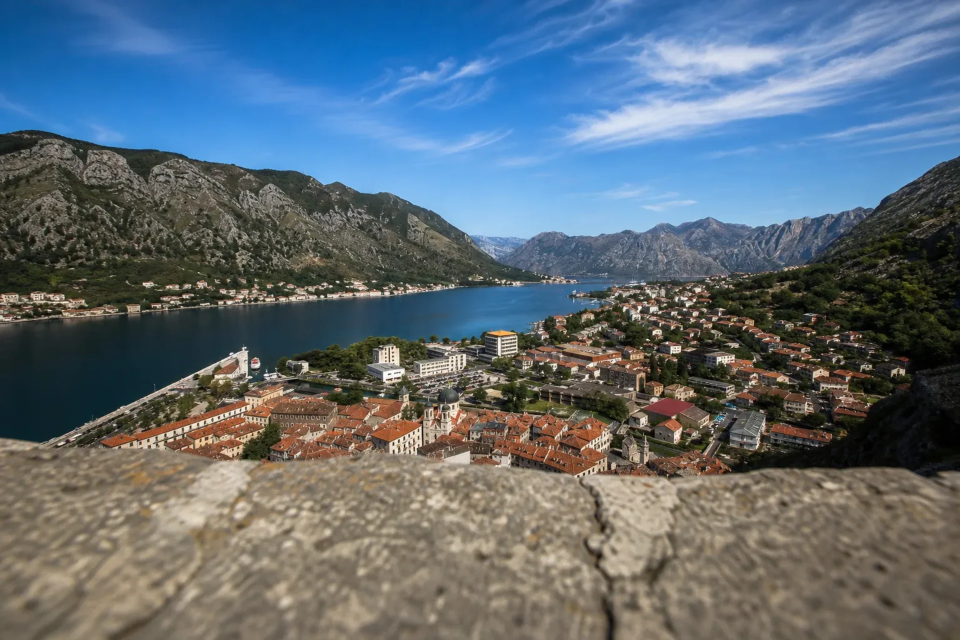 Montenegro & Croatia-A panoramic view of the Bay of Kotor mountains and old town, a highlight of our Montenegro Croatia tour.