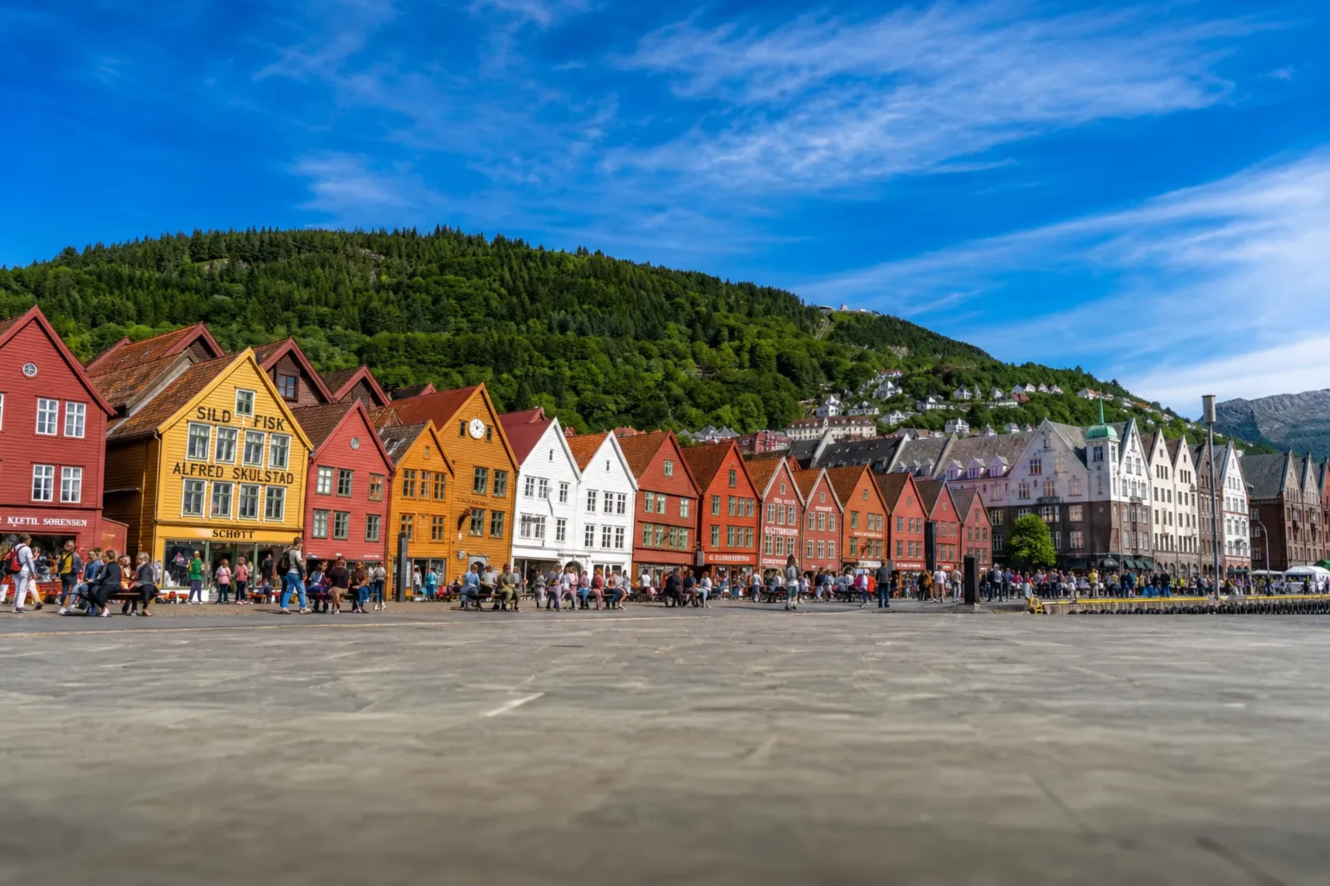 Norway-The colourful historic wooden buildings of Bryggen Hanseatic Wharf during a Norway tour.