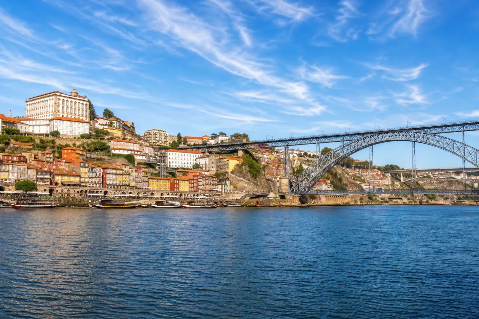 Portugal-A scenic panoramic view of the Douro River and colourful buildings during a Porto city wine tour.