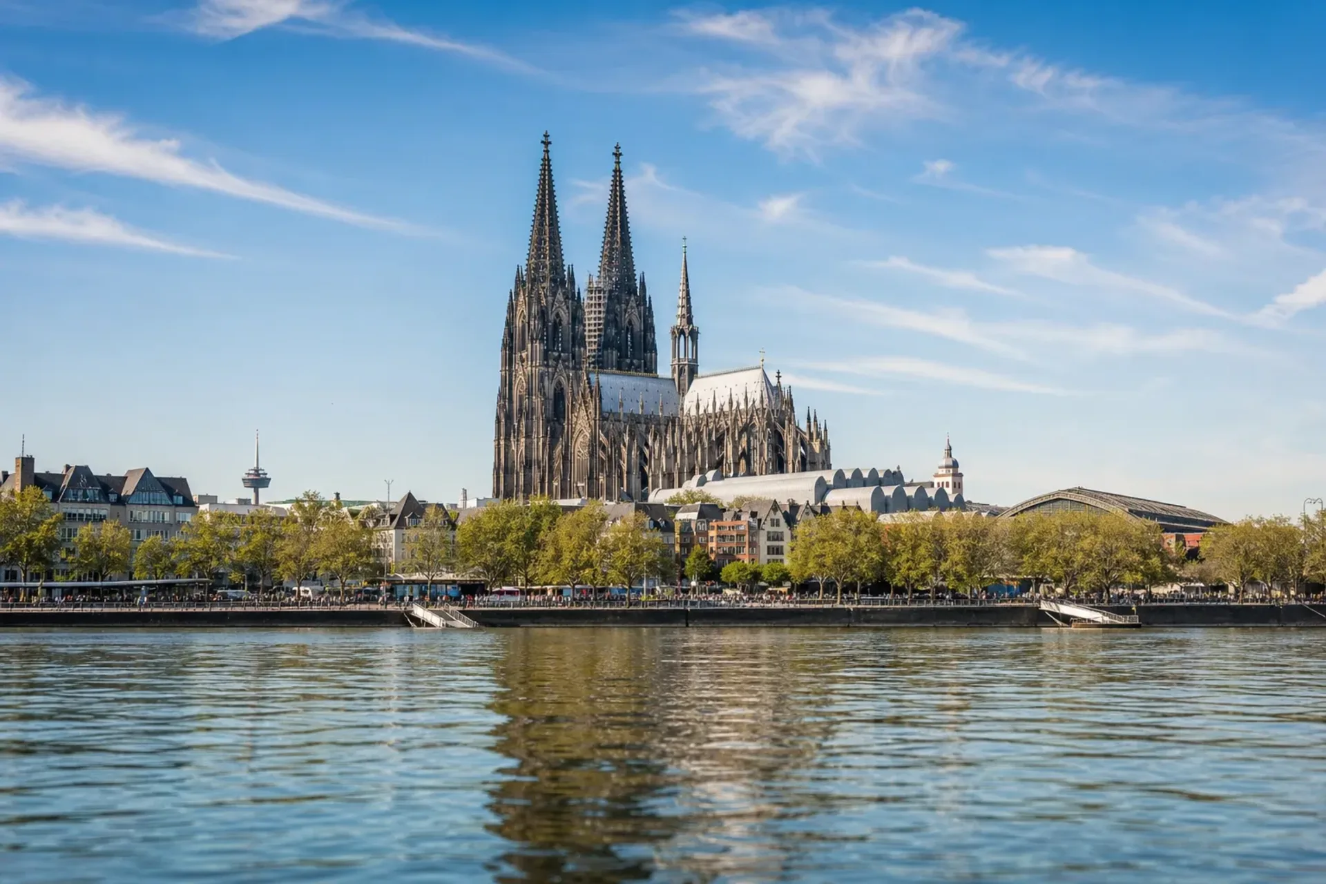 Central Europe-A panoramic view of Cologne Cathedral and the Rhine River on a Romantic Rhine tour.