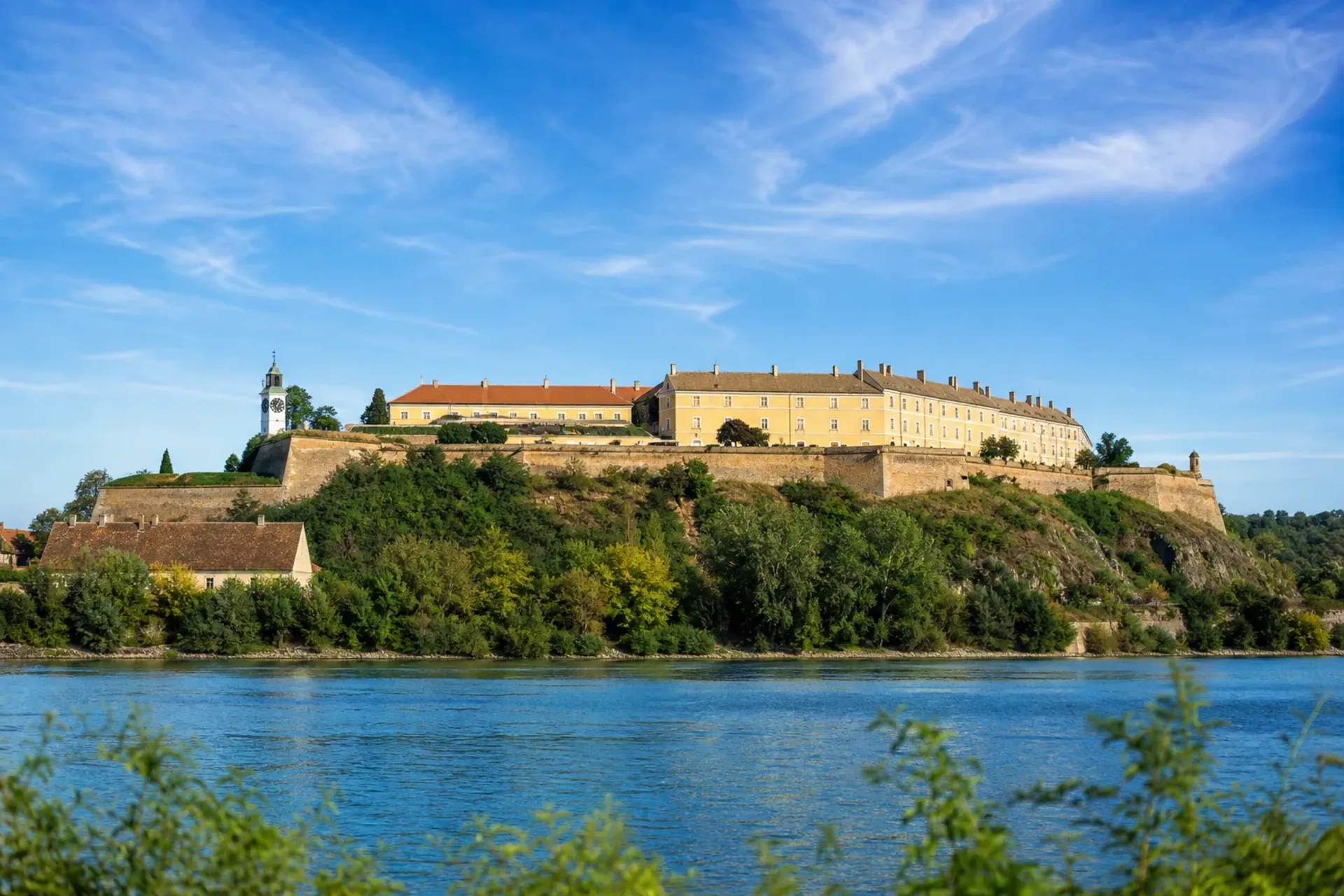 Serbia, Hungary & Croatia-A panoramic view of the Petrovaradin Fortress on the Danube during a Serbia Hungary Croatia tour.