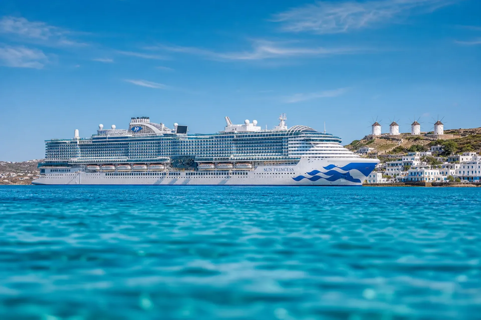 Italy, Greece & Turkey-The Sun Princess cruise ship anchored in the turquoise waters off the coast of Mykonos, Greece.