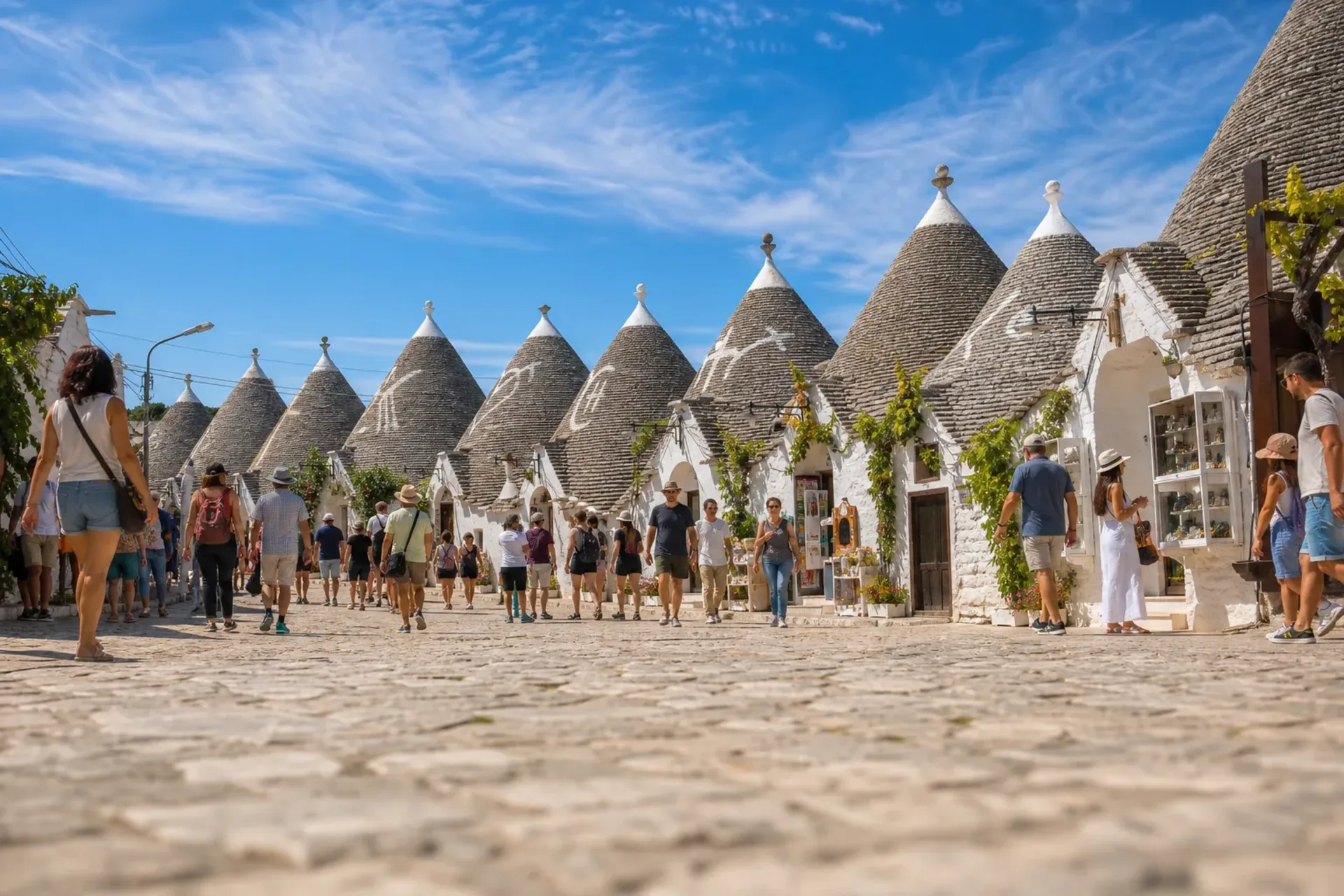 Italy-Traditional white trulli houses with conical roofs in Alberobello, Italy, visited on the Taste of Puglia tour.