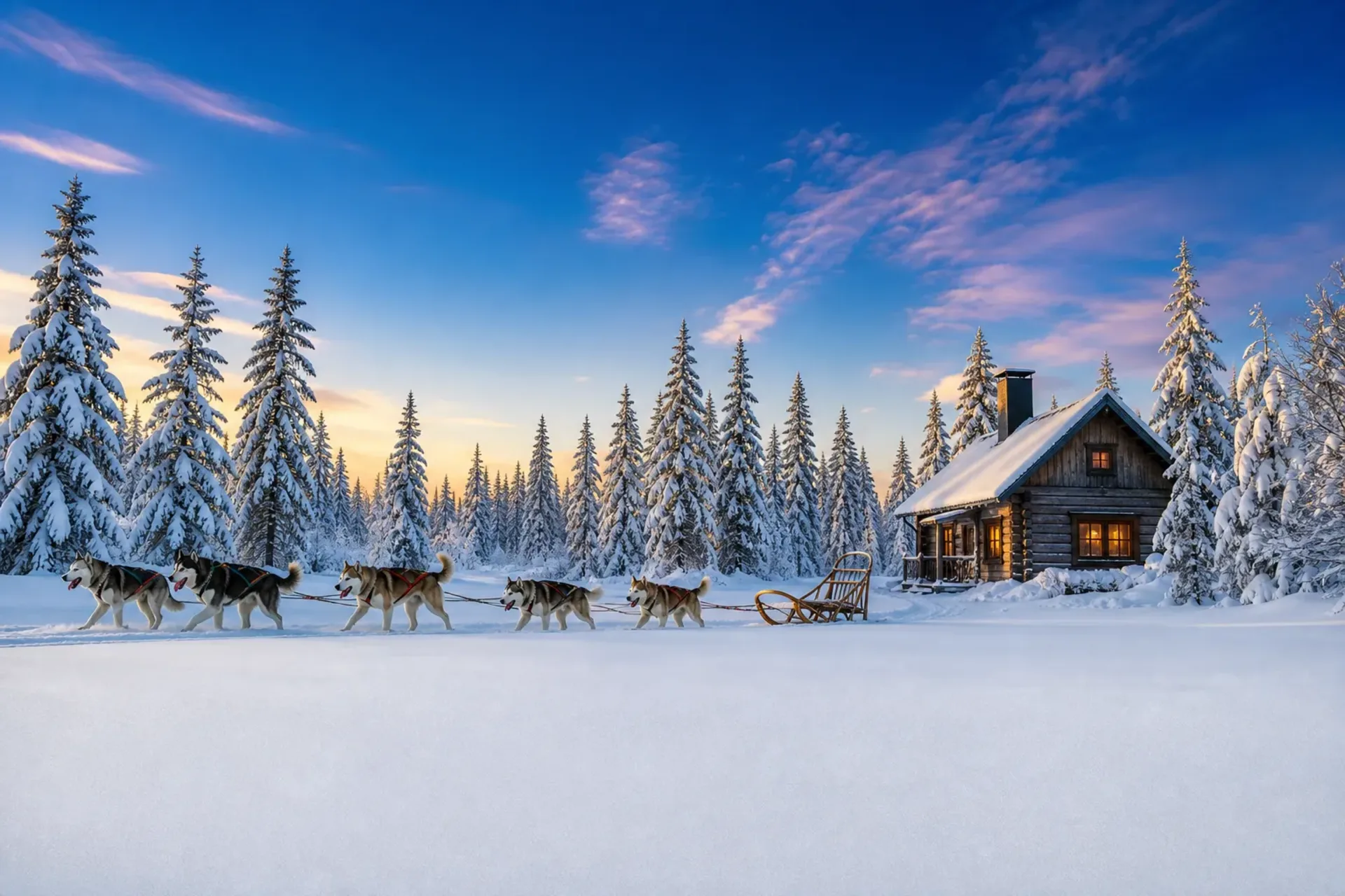 Finland-A team of huskies pulling a sled through the snow on a Visit Santa trip in Lapland.