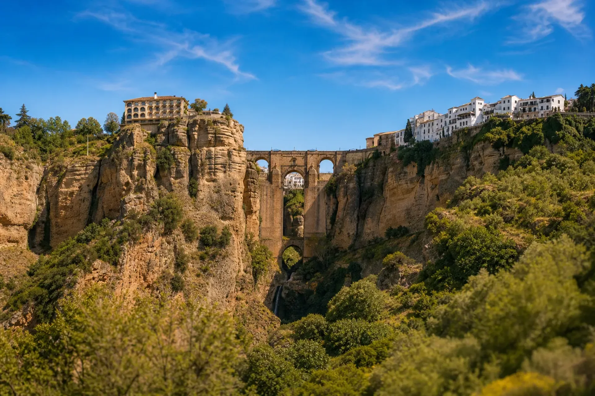 Spain-The dramatic Puente Nuevo bridge in Ronda visited during our Andalucia Escorted Tour.