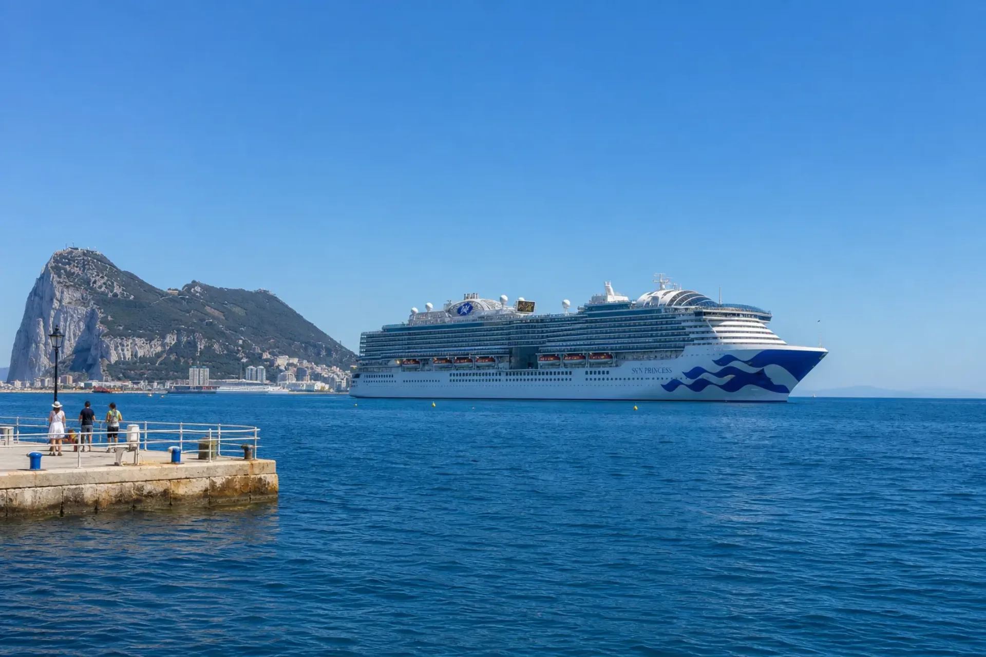 Spain and USA-The Sun Princess ship anchored near the Rock of Gibraltar during a Barcelona Florida Cruise.