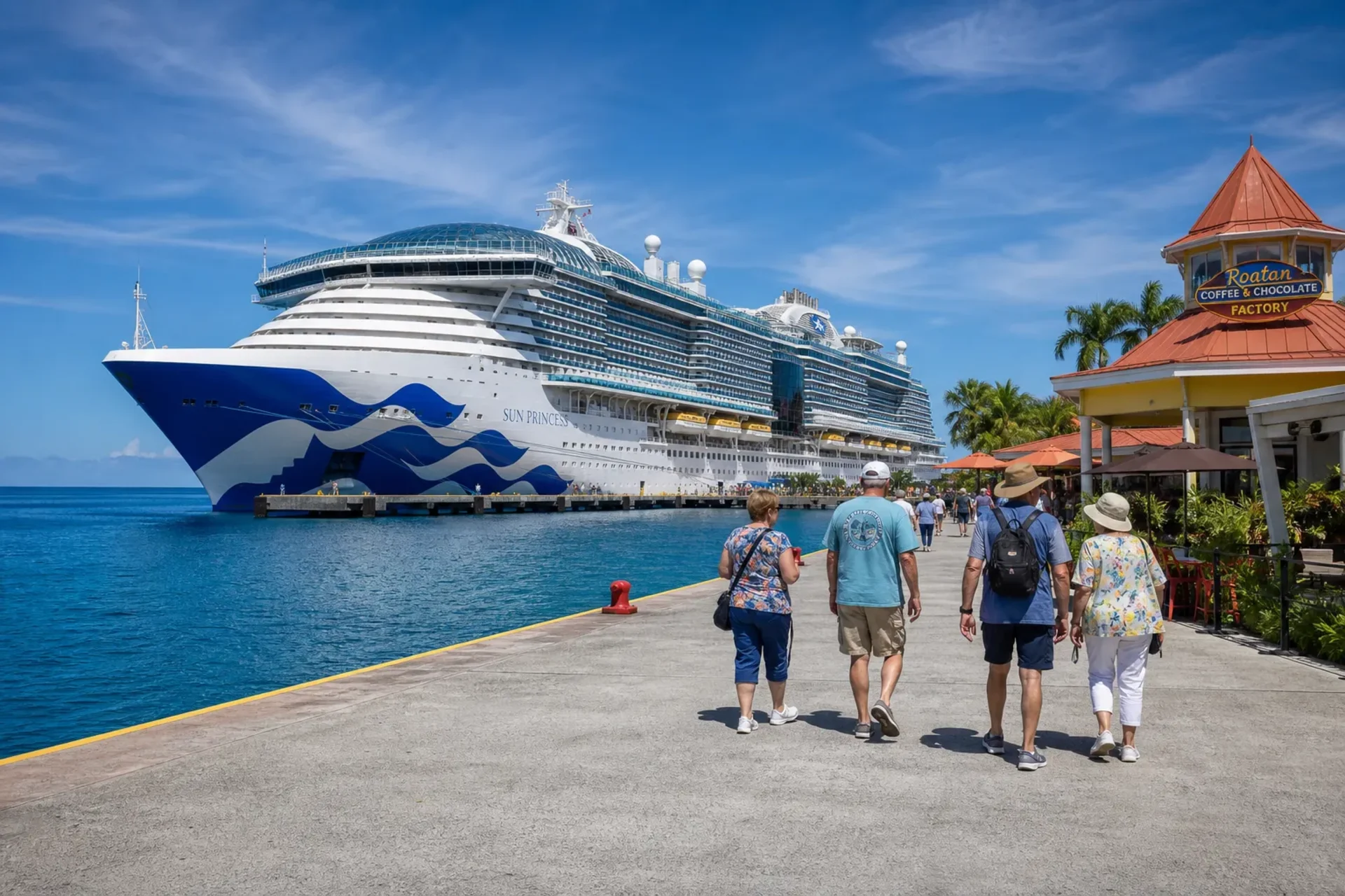 Mexico & Honduras-The Sun Princess cruise ship docked in Roatan during a Honduras Mexico cruise.