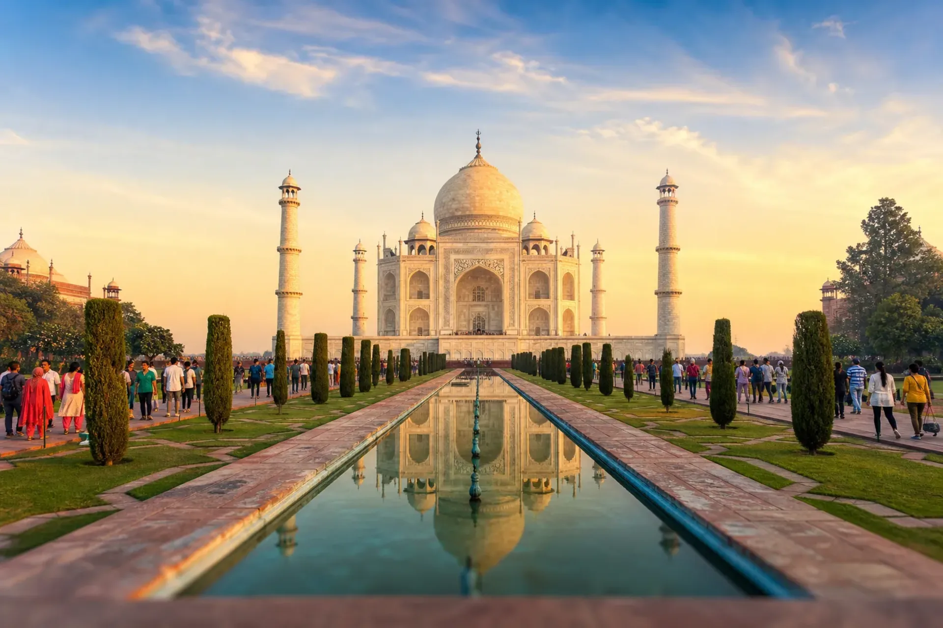 India-A bustling sunset scene at the Taj Mahal during an India Golden Triangle tour.