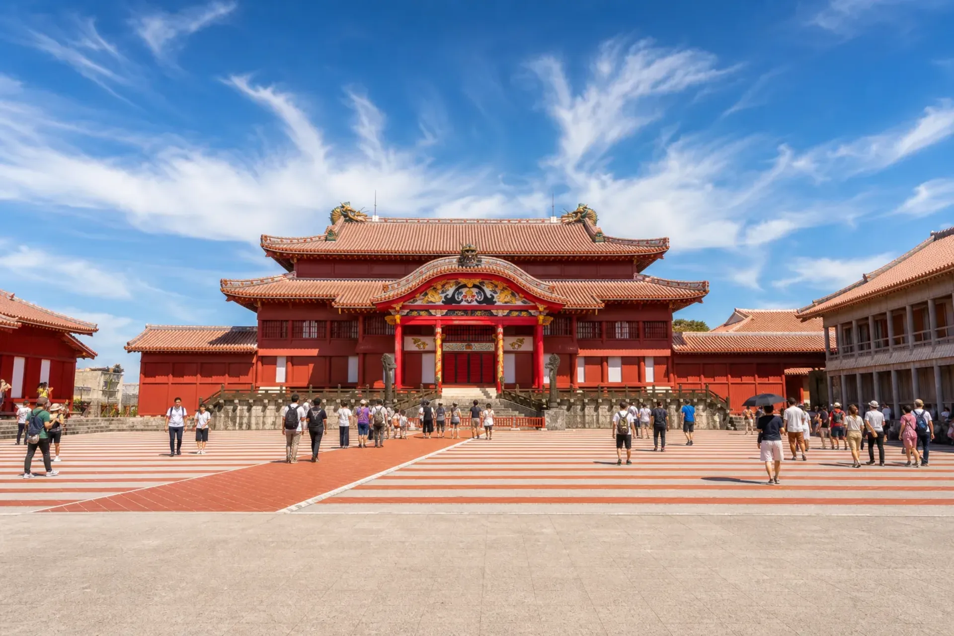 Japan & China-The traditional red Shujiro Castle in Okinawa during a Japan China cruise stay.