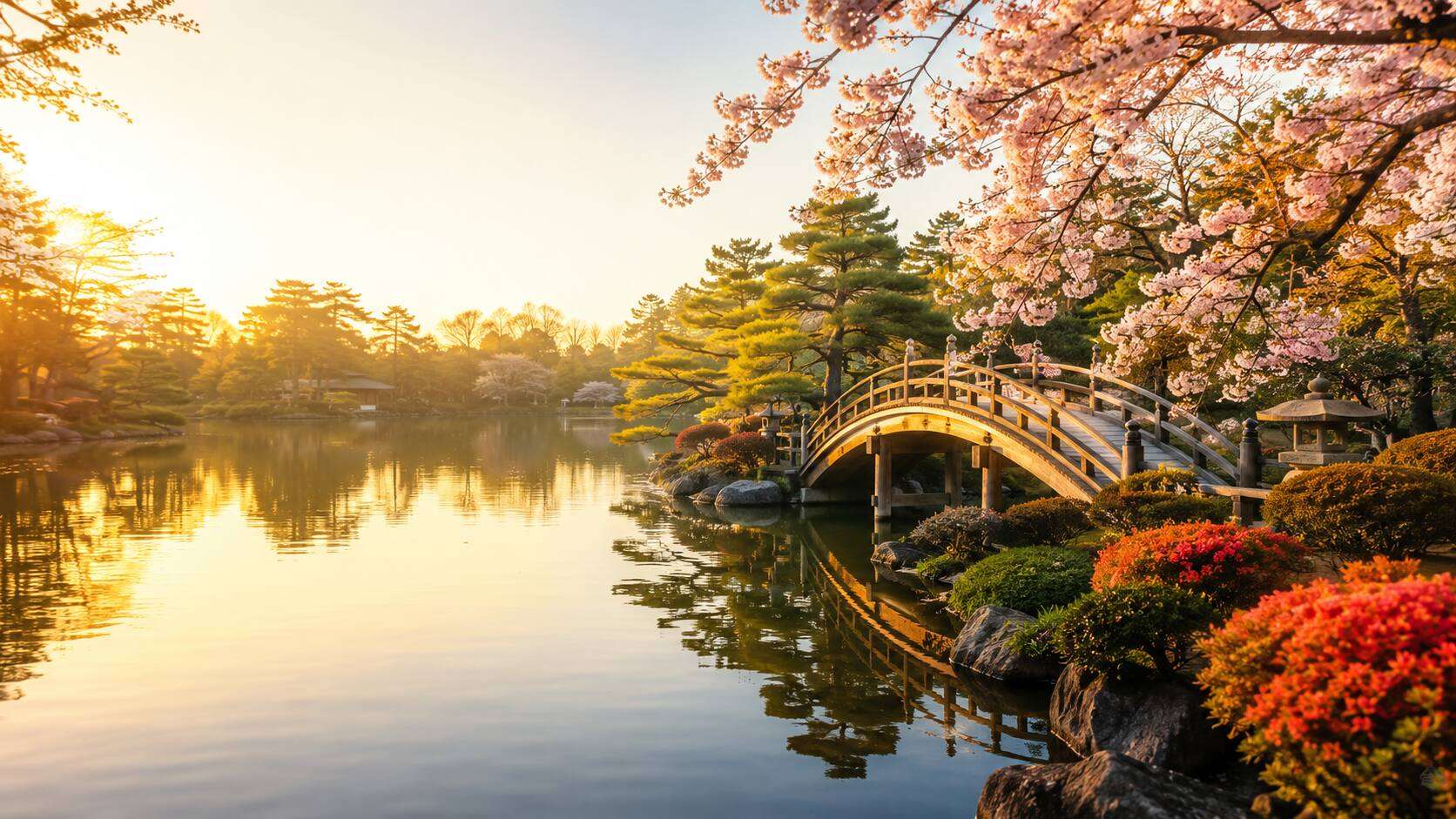 Tranquil Japanese garden featuring an arched wooden bridge, blooming cherry blossoms, and calm water reflections at golden hour, a dream destination from Ireland's award-winning travel experts.