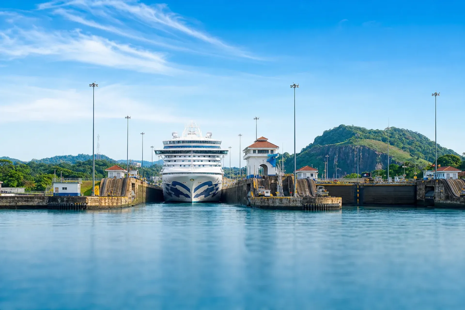 Panama & Caribbean-A large cruise ship navigating the lock system of the Panama Canal Aruba cruise route.