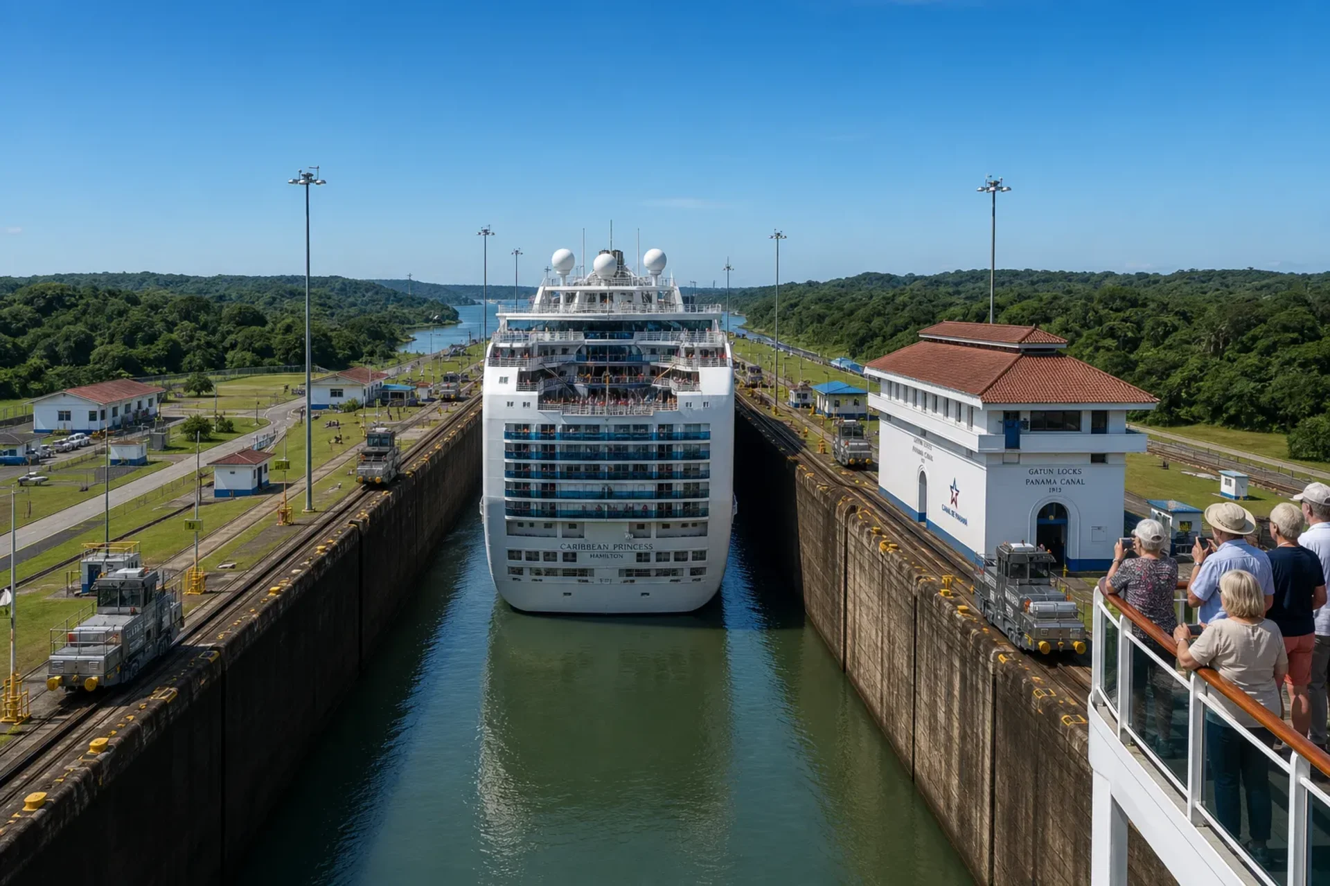 Panama & Caribbean-The Caribbean Princess cruise ship during a Panama Canal Curacao transit with lush jungle in the background.