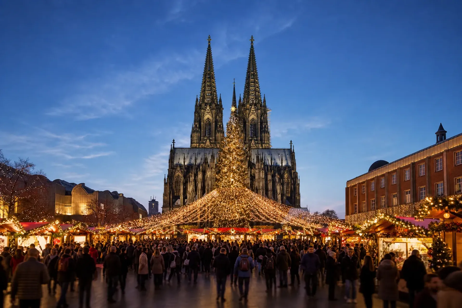 Germany-Cologne Cathedral and festive stalls at the Rhine Yuletide Markets in Germany.