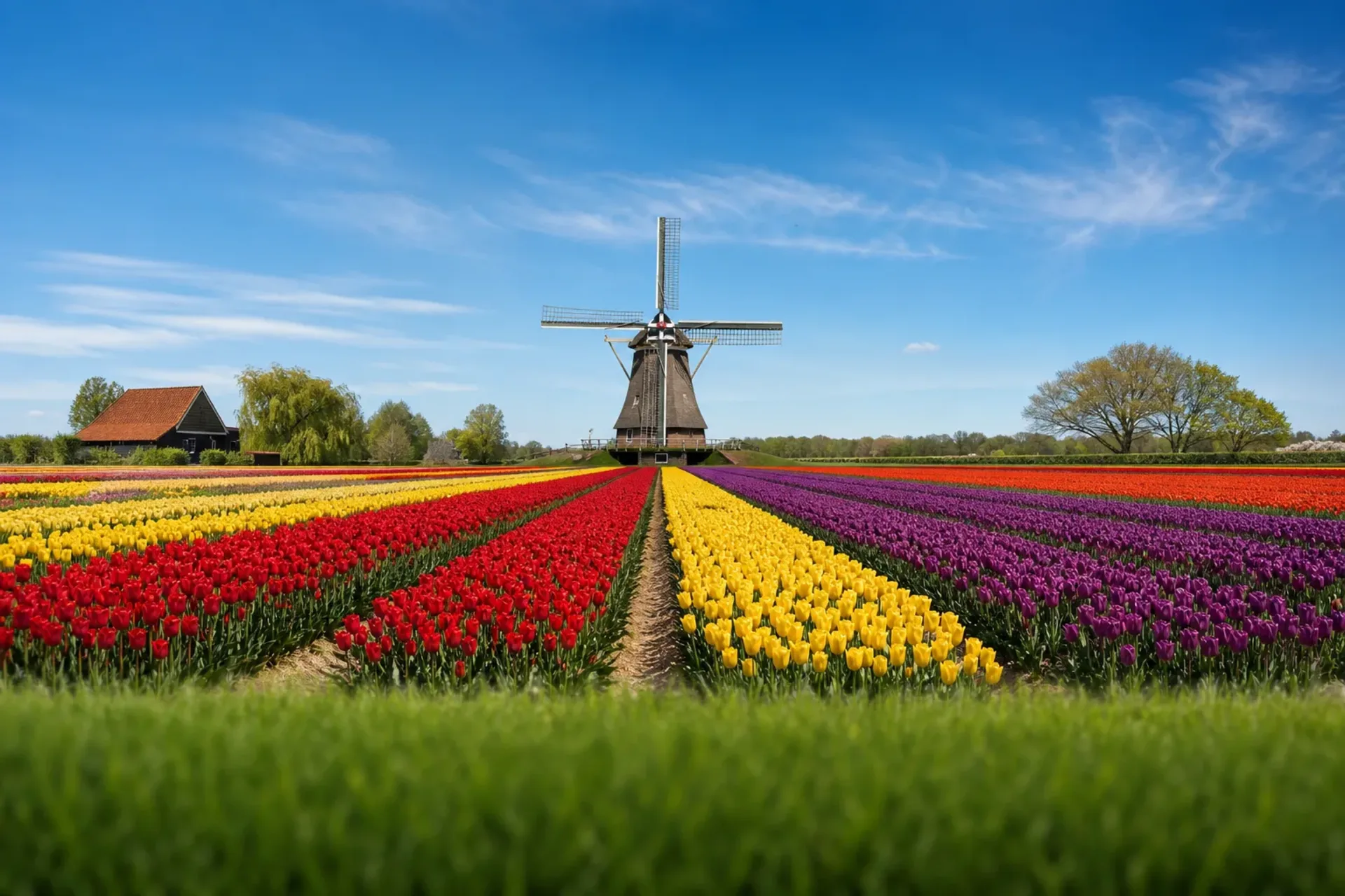 Netherlands-Vibrant rows of blooming tulips at Keukenhof gardens during a Springtime in Holland river cruise.