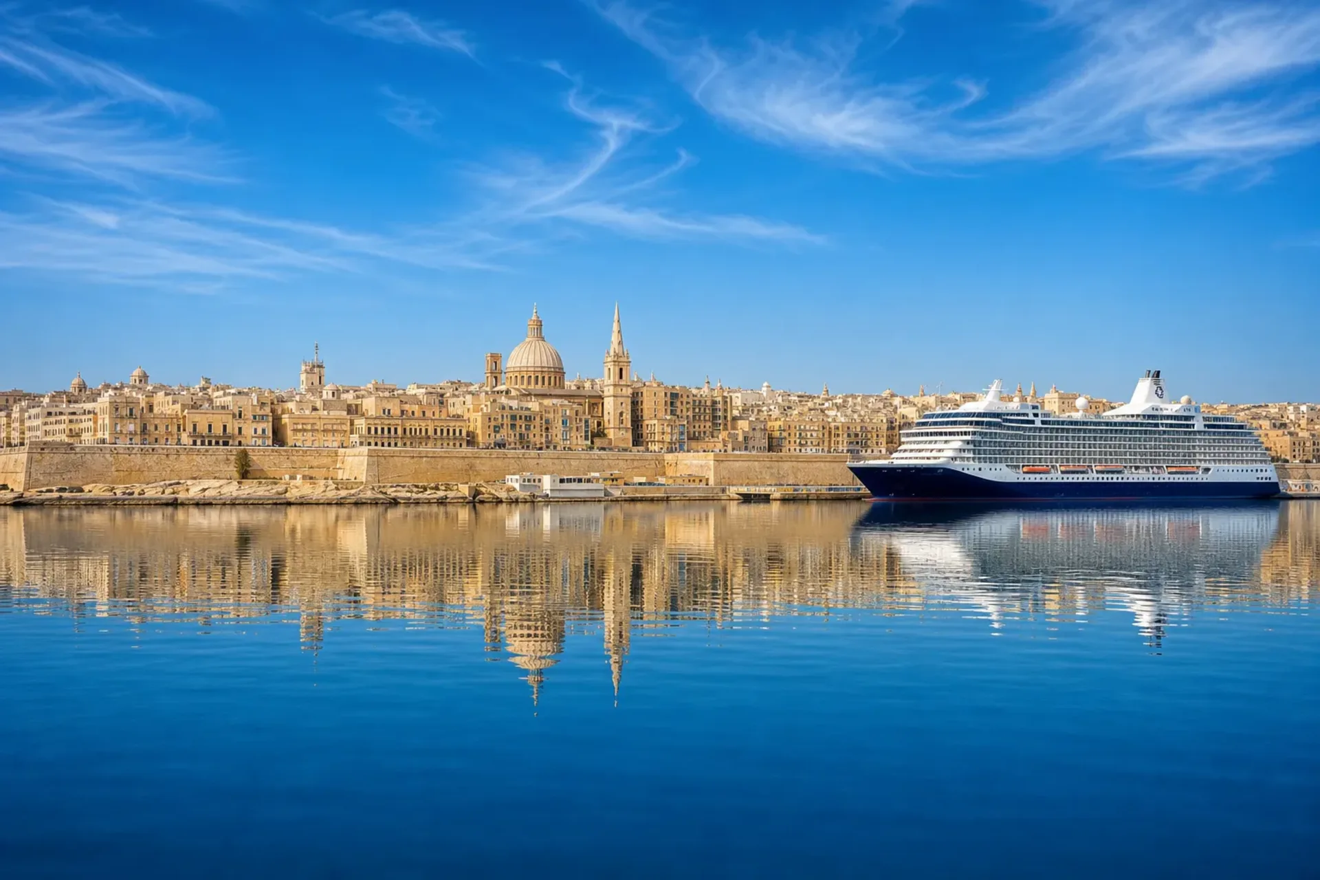 Spain, France, Italy, Malta-A stunning view of Valletta harbour during a Winter Med MSC cruise.
