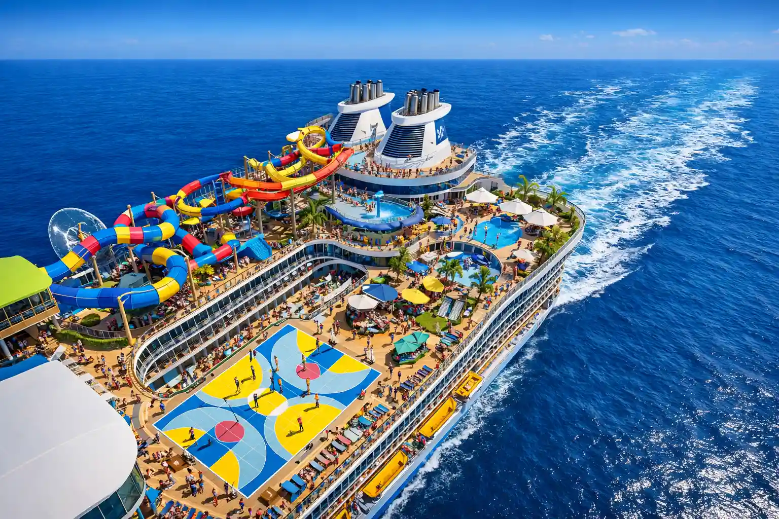 Royal Caribbean Legend of the Seas Inspired cruise ship top deck with water slides, family activities and ocean wake viewed from above