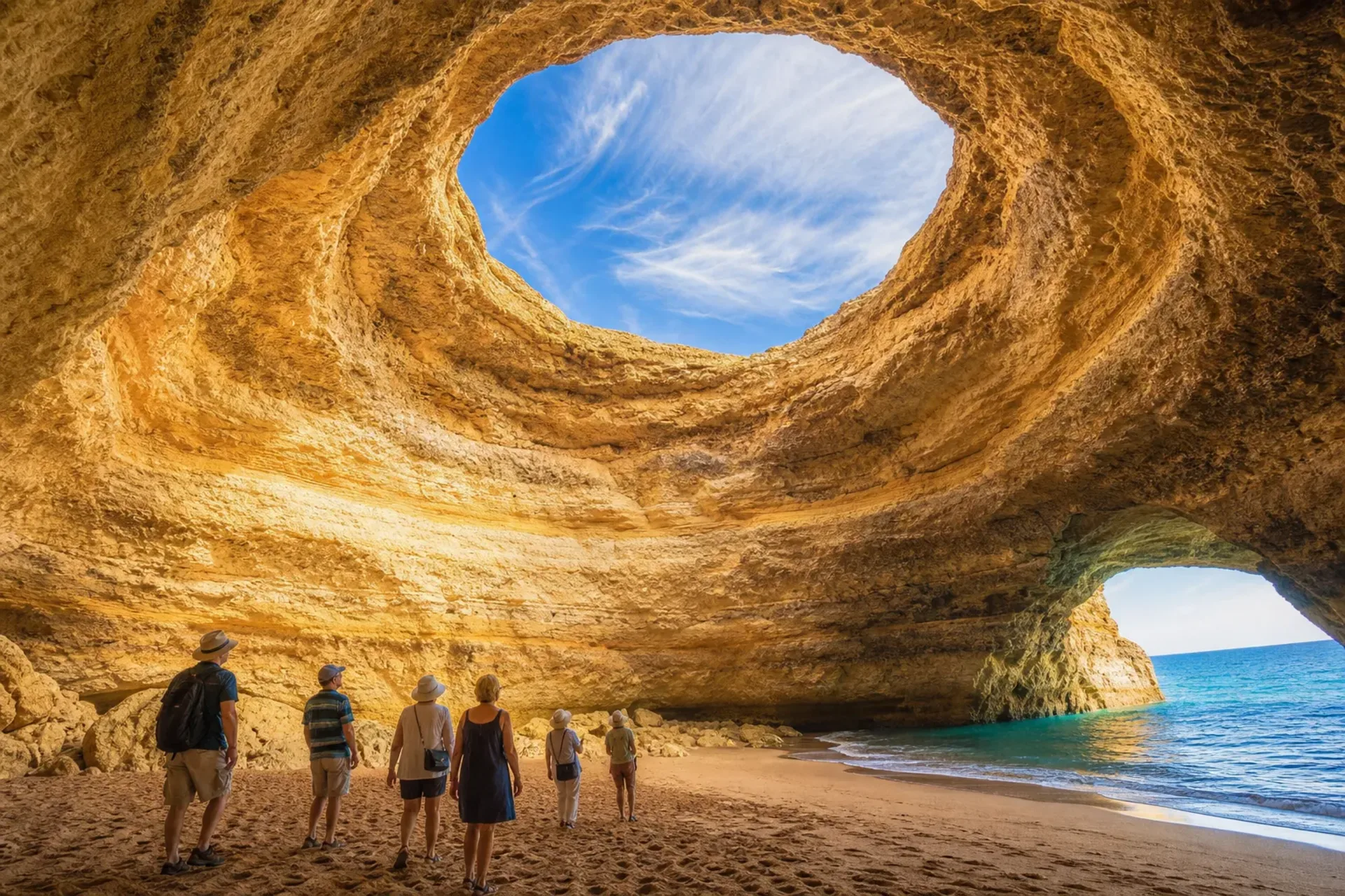 Portugal-Travellers visiting the Benagil Caves during an Algarve wellness yoga retreat in Portugal.