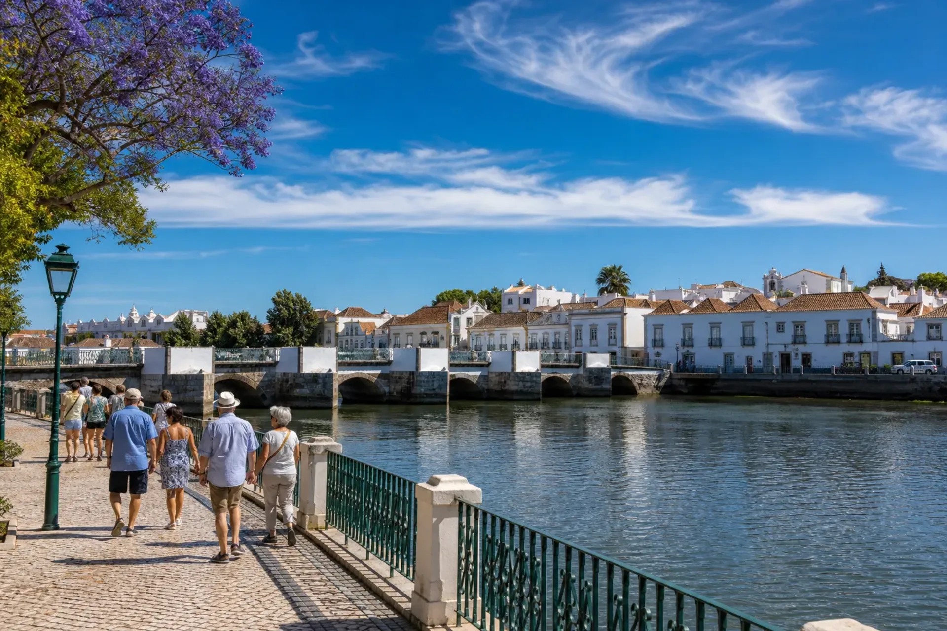 Portugal-A group of travellers exploring the sunny streets of Tavira during their Algarve yoga holiday.