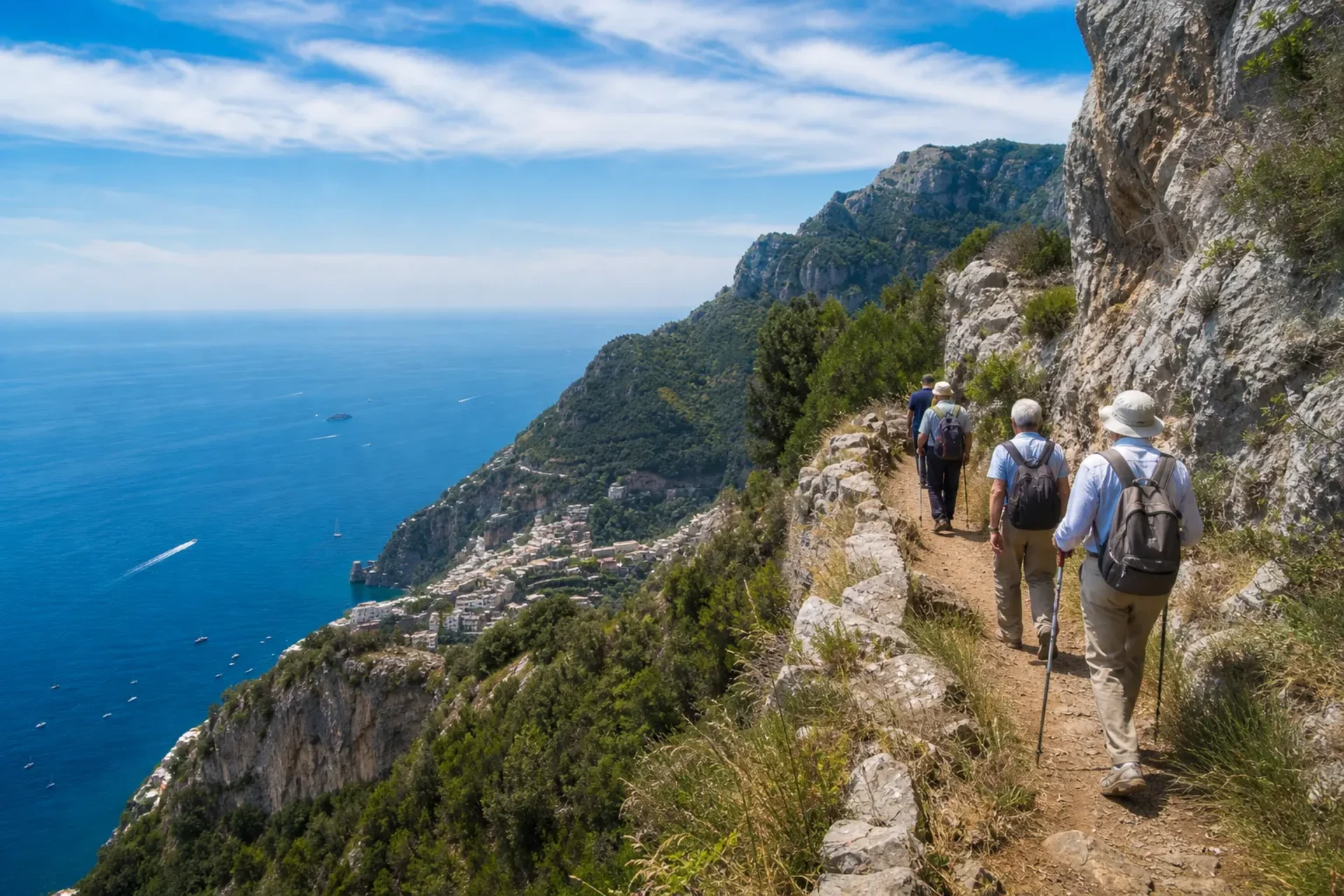 Italy-Hikers enjoying the scenic Path of the Gods trail during an Amalfi Coast walking holiday in Italy.
