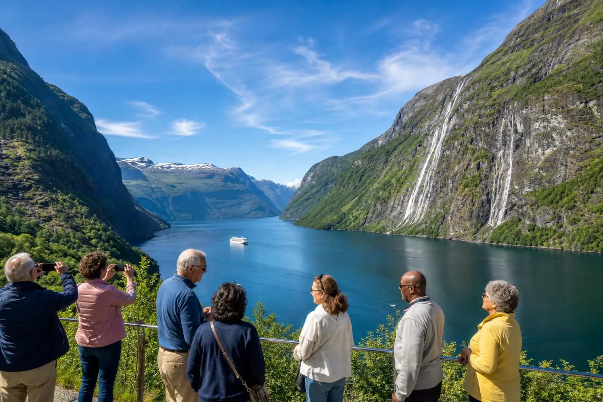Norway-A generic passenger ship on the distant horizon during an Arctic Norway ocean cruise through the scenic fjords.