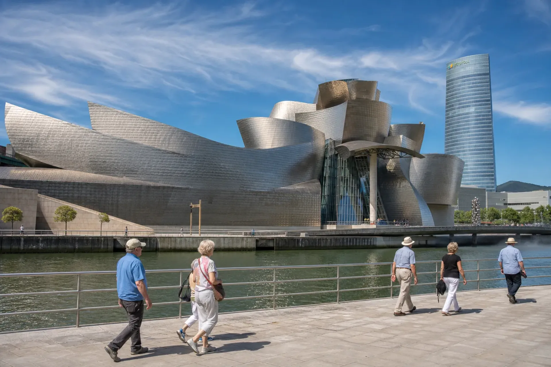 Spain-A group of travellers visiting the Guggenheim Museum on a Basque Country tour in Bilbao, Spain.